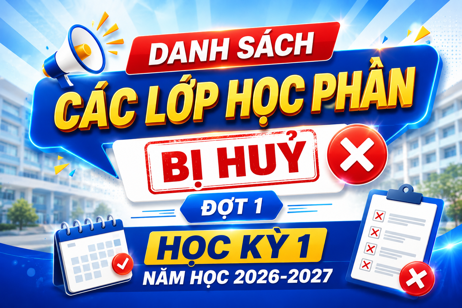 Danh sách các lớp học phần bị huỷ Đợt 1 Học kỳ 1 năm học 2026-2027