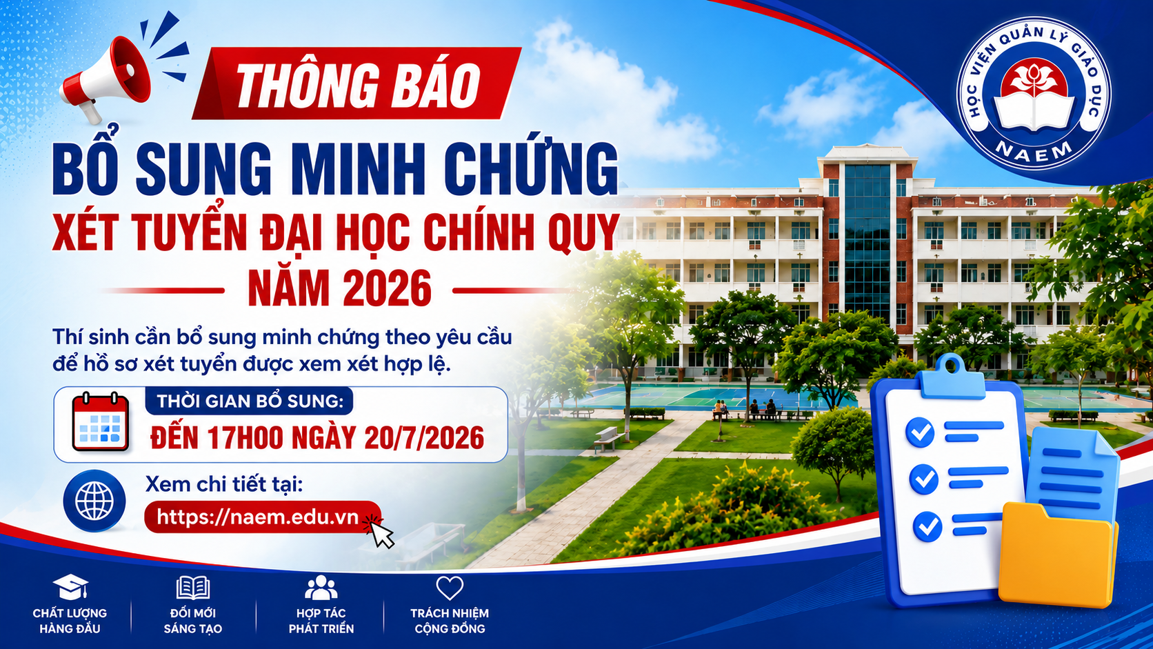 THÔNG BÁO Về việc bổ sung minh chứng xét tuyển đại học chính quy năm 2026