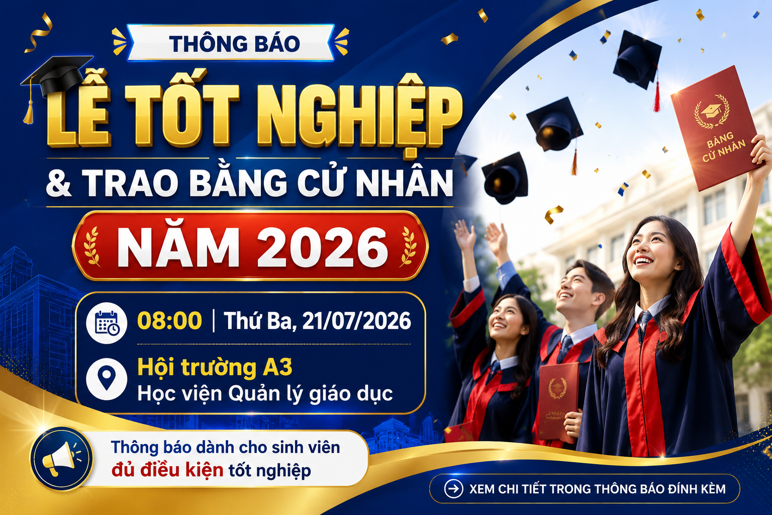 THÔNG BÁO Tham dự Lễ tốt nghiệp và trao bằng cử nhân (Năm 2026)