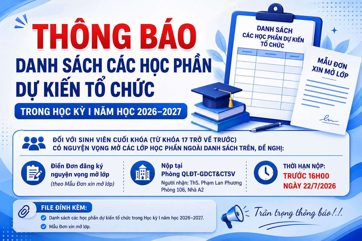 Thông báo Danh sách các học phần dự kiến tổ chức trong Học kỳ 1 năm học 2026-2027