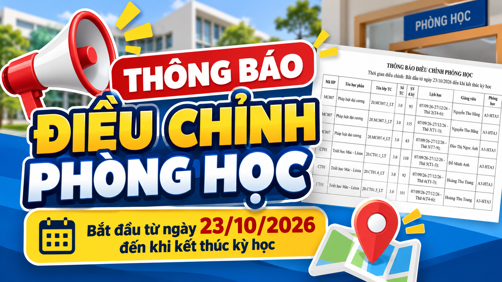 📢 THÔNG BÁO ĐIỀU CHỈNH PHÒNG HỌC TỪ NGÀY 23/10/2026